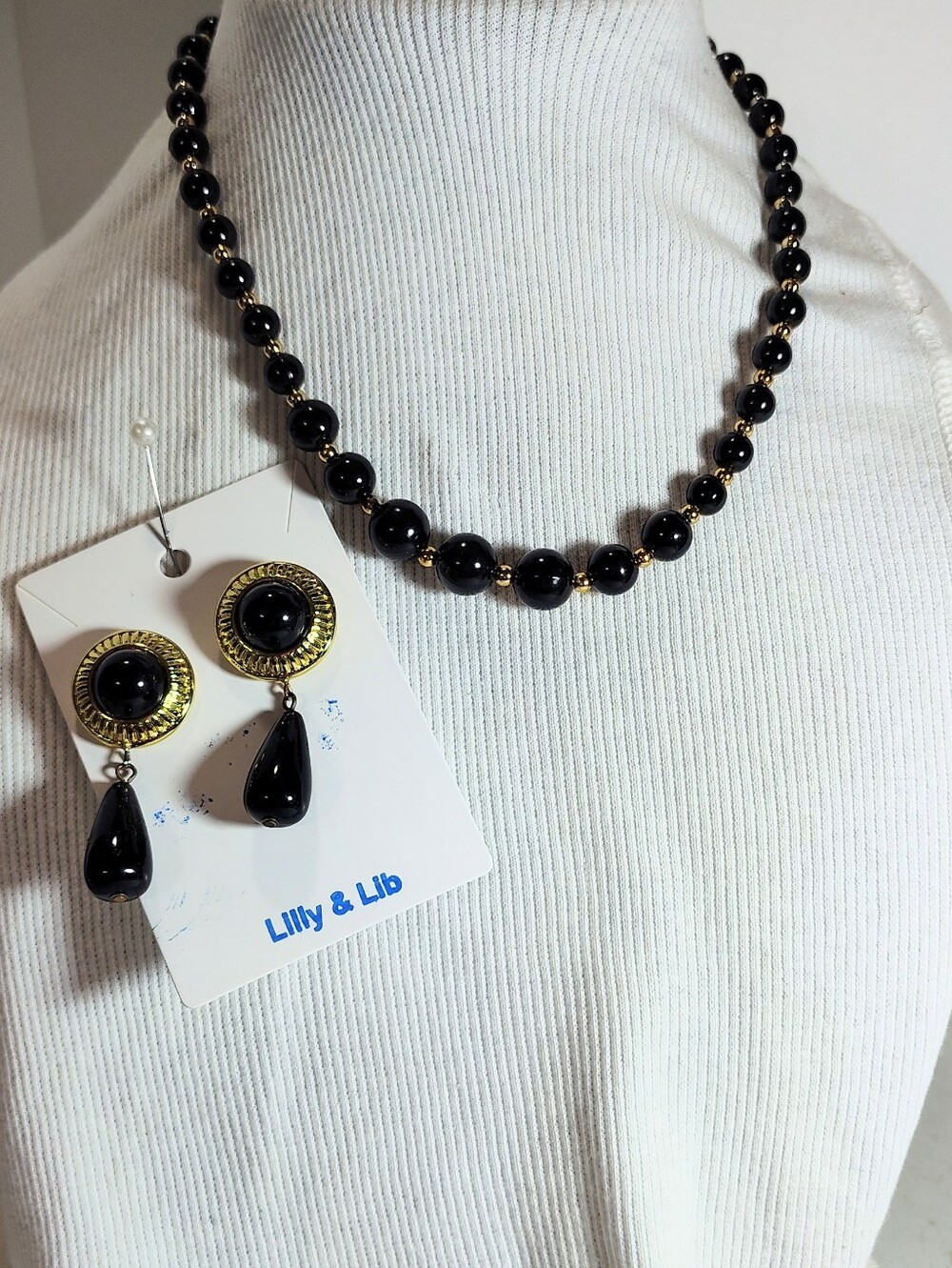 Black Bead Necklace and Drop Earring Set